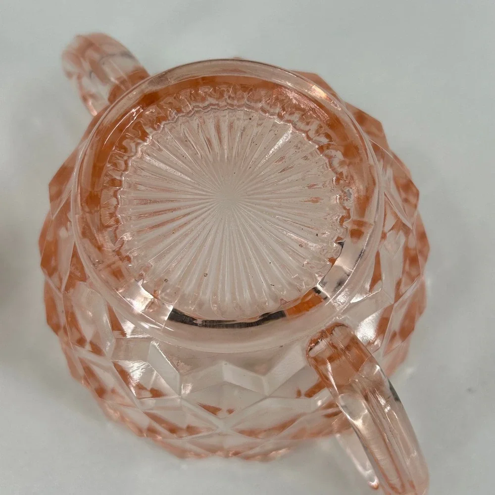 Vintage Pink Depression Glass Creamer and Sugar Bowl Set Diamond Point Pattern